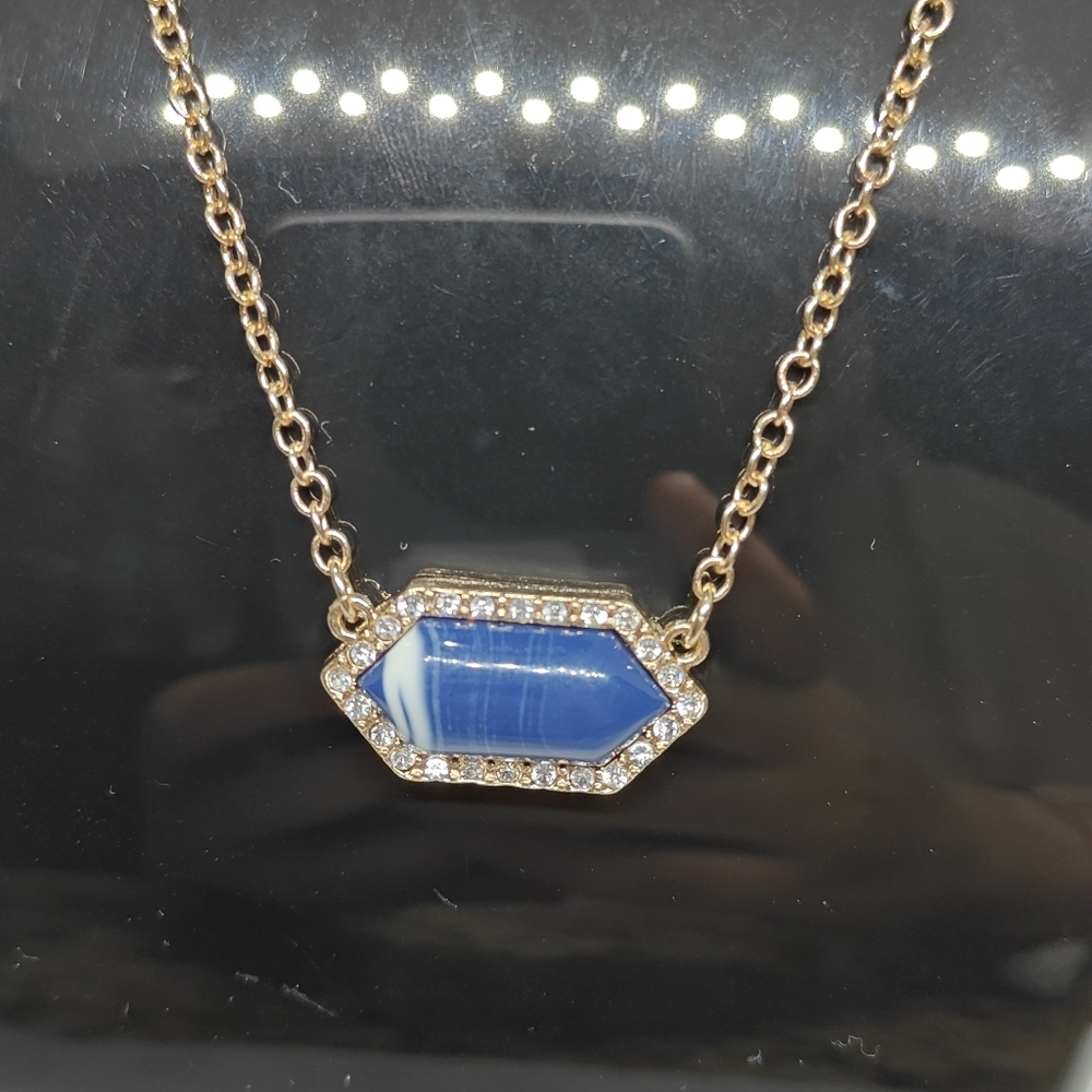 Avenue gold tone blue & white stripe rhinestone & crystal pendant Necklace